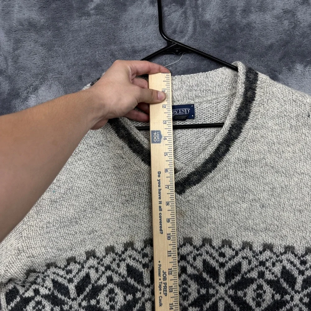 Lands End V-Neck Sweater Mens M Grey Fair Isle Virgin Wool Blend USA Made